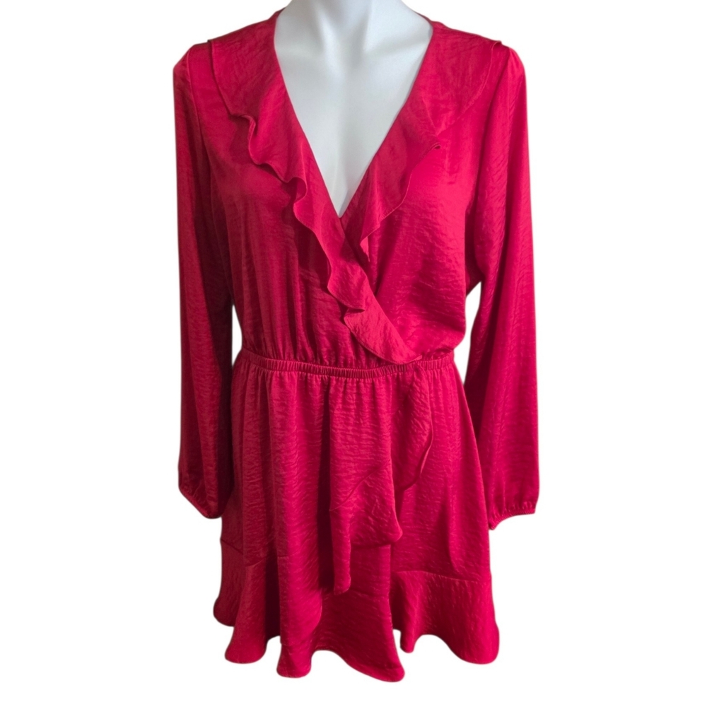 Express Factory Faux Wrap Ruffle Mini Dress Red Size L - Picture 3 of 11